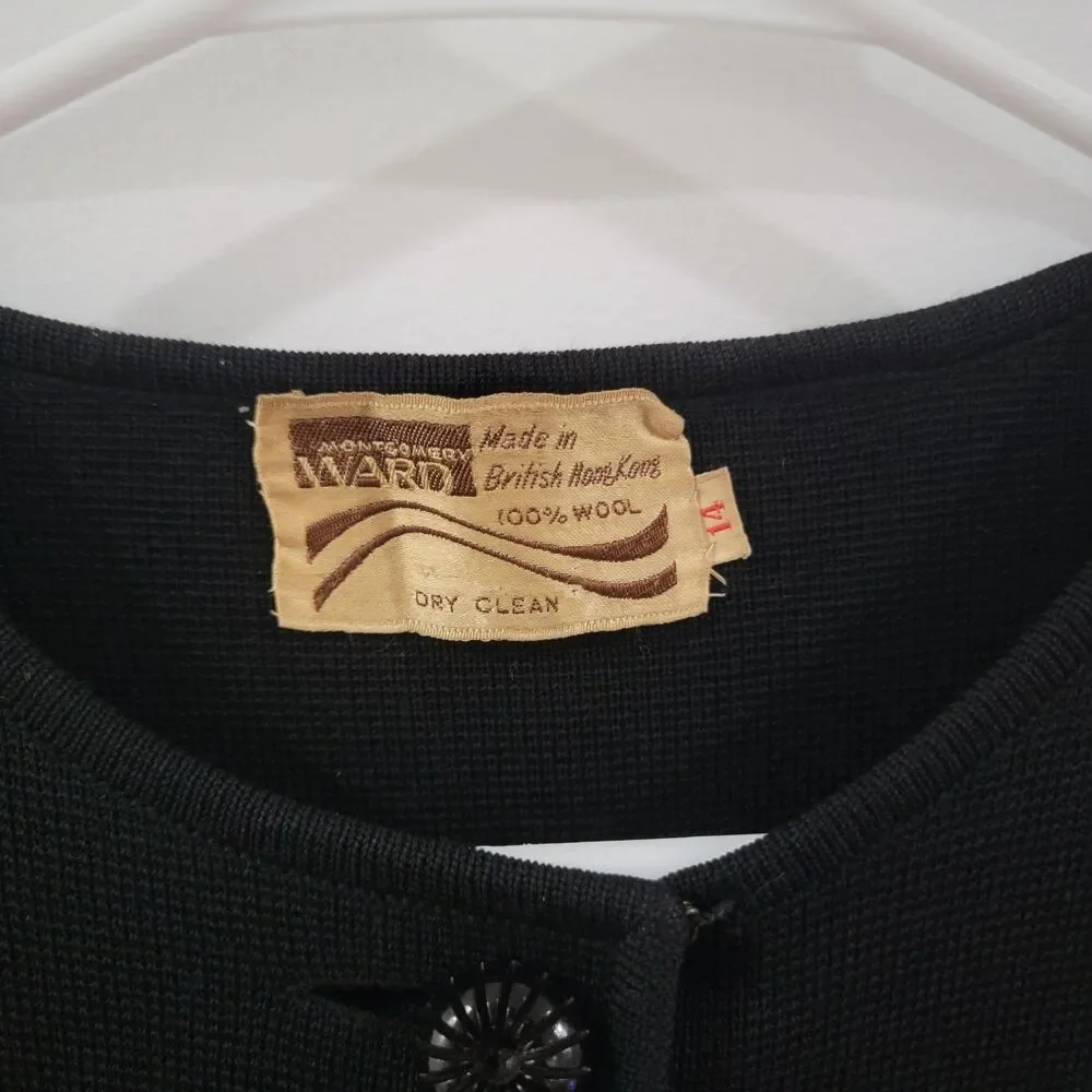 Vintage Montgomery Ward Womens Wool Cardigan‎ Sweater Size 14 Black